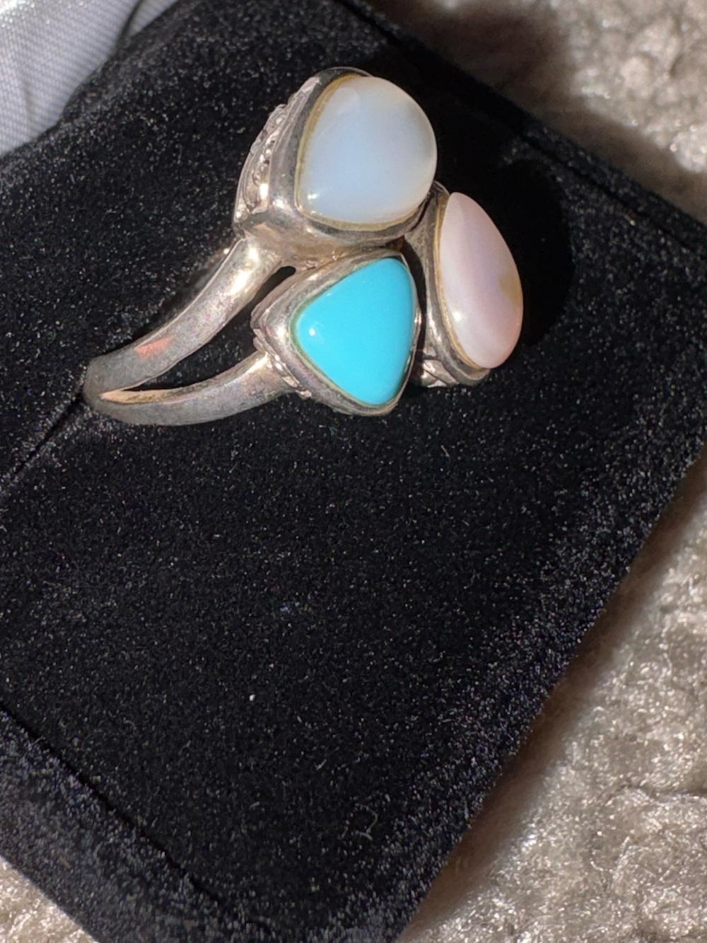 Pure 925 Sterling Silver Turquoise and White Opal Three-Stone Ring - Picture 2 of 8